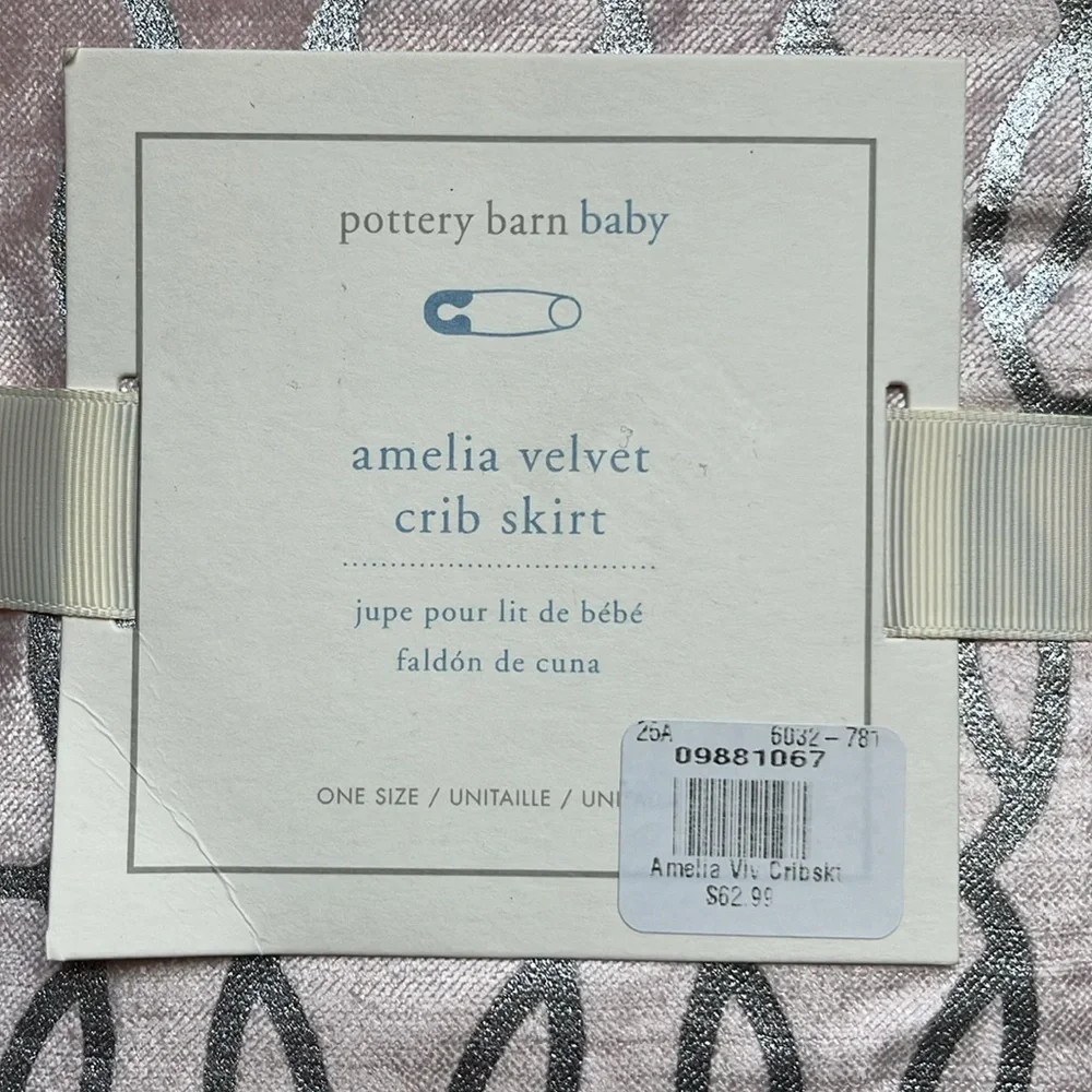 Pottery Barn Baby Amelia Velvet Crib Skirt Blush Pink Silver Metallic NWT
